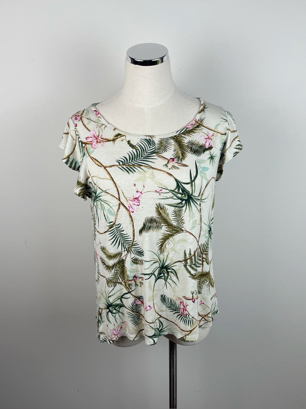 H&M White Green Brown Pink Floral Lightweight Top Women Medium Tropical